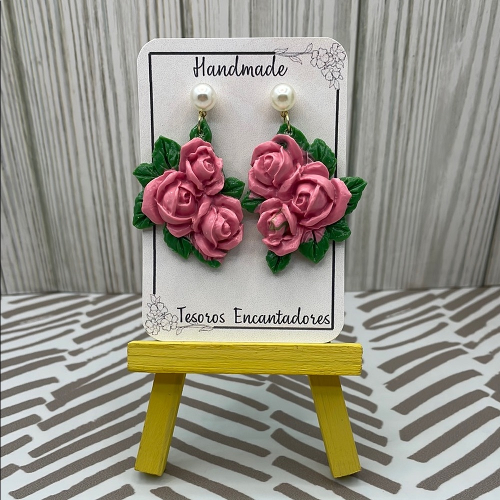 Handmade Pink Rose Earrings